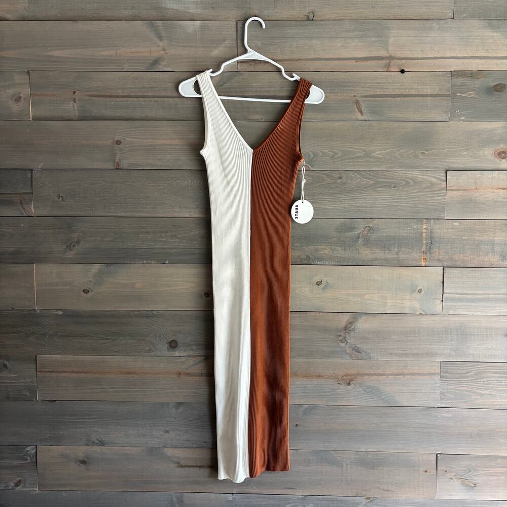 STAUD | NWT Dana Colorblock Midi Tank Dress Cream Brown Ribbed Size S